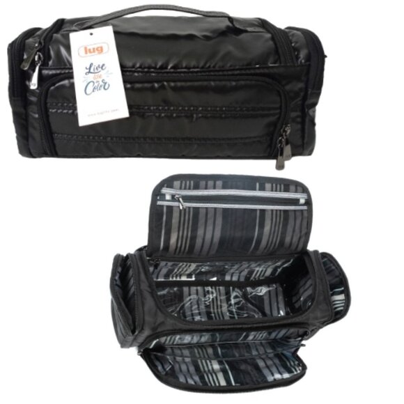 NWT LUG NEW TRAVEL TROLLEY OUTER BLACK COSMETICS MAKE-UP CASE STRIPED INTERIOR - Picture 1 of 6